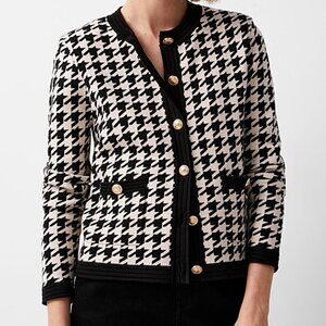 Vintage Crystal-Kobe Houndstooth Plaid Gold Button Pocket Cardigan Sweater SZ M